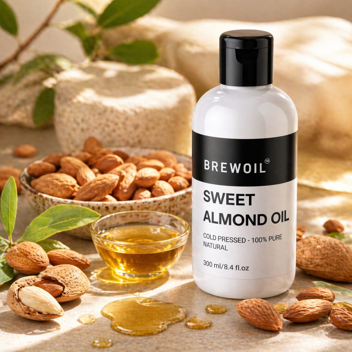 Brewoil Sweet Almond Oil with almonds — cold-pressed carrier oil