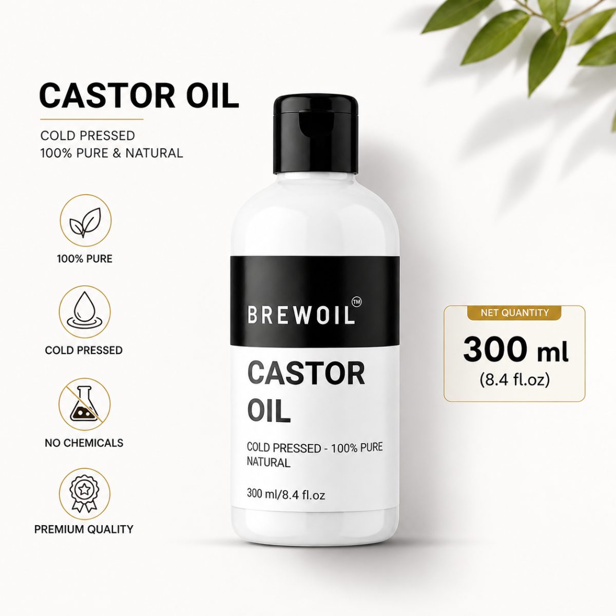 Brewoil Castor Oil 300ml cold-pressed carrier oil bottle